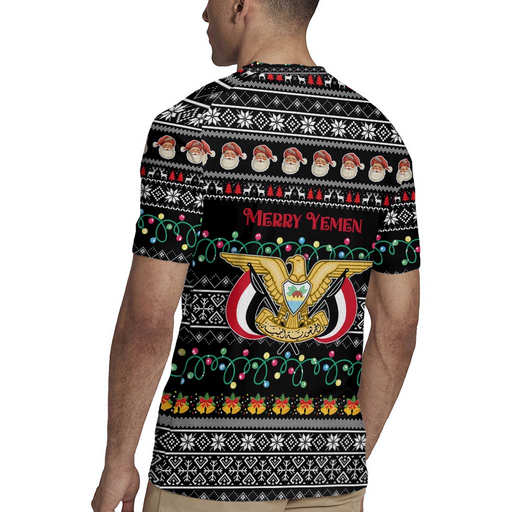 Yemen Christmas Rugby Jersey with Traditional Santa Black Snowflake Pattern and Festive Lights - Wonder Print Shop