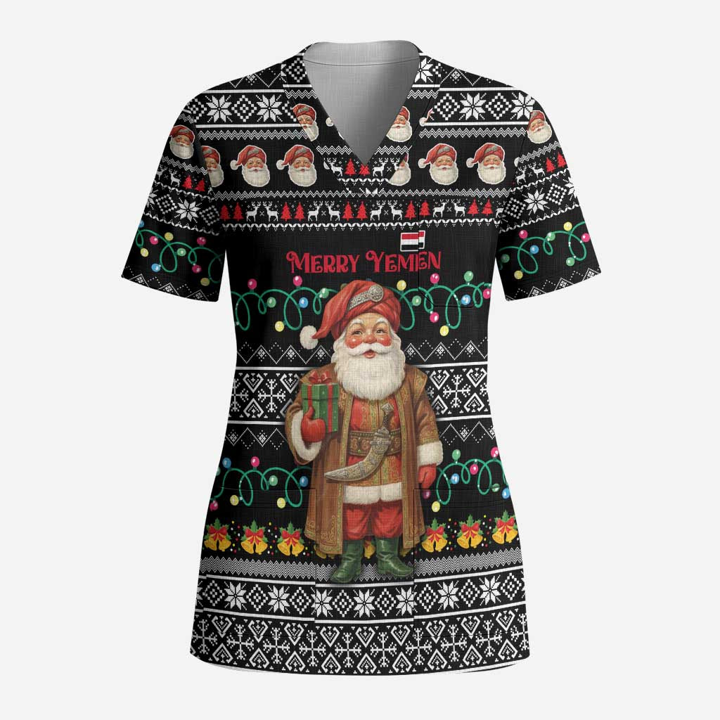 Yemen Christmas Scrub Top with Traditional Santa Black Snowflake Pattern and Festive Lights - Wonder Print Shop