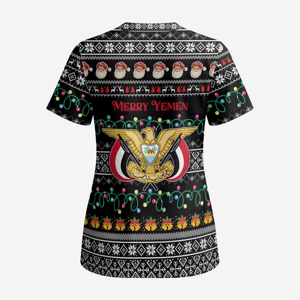 Yemen Christmas Scrub Top with Traditional Santa Black Snowflake Pattern and Festive Lights - Wonder Print Shop