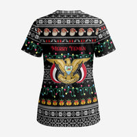 Yemen Christmas Scrub Top with Traditional Santa Black Snowflake Pattern and Festive Lights - Wonder Print Shop
