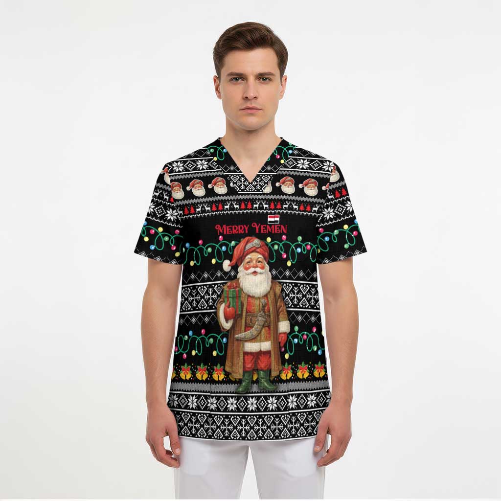 Yemen Christmas Scrub Top with Traditional Santa Black Snowflake Pattern and Festive Lights - Wonder Print Shop
