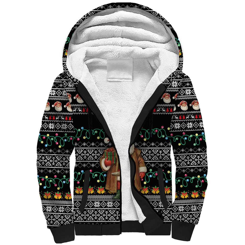 Yemen Christmas Sherpa Hoodie with Traditional Santa Black Snowflake Pattern and Festive Lights - Wonder Print Shop