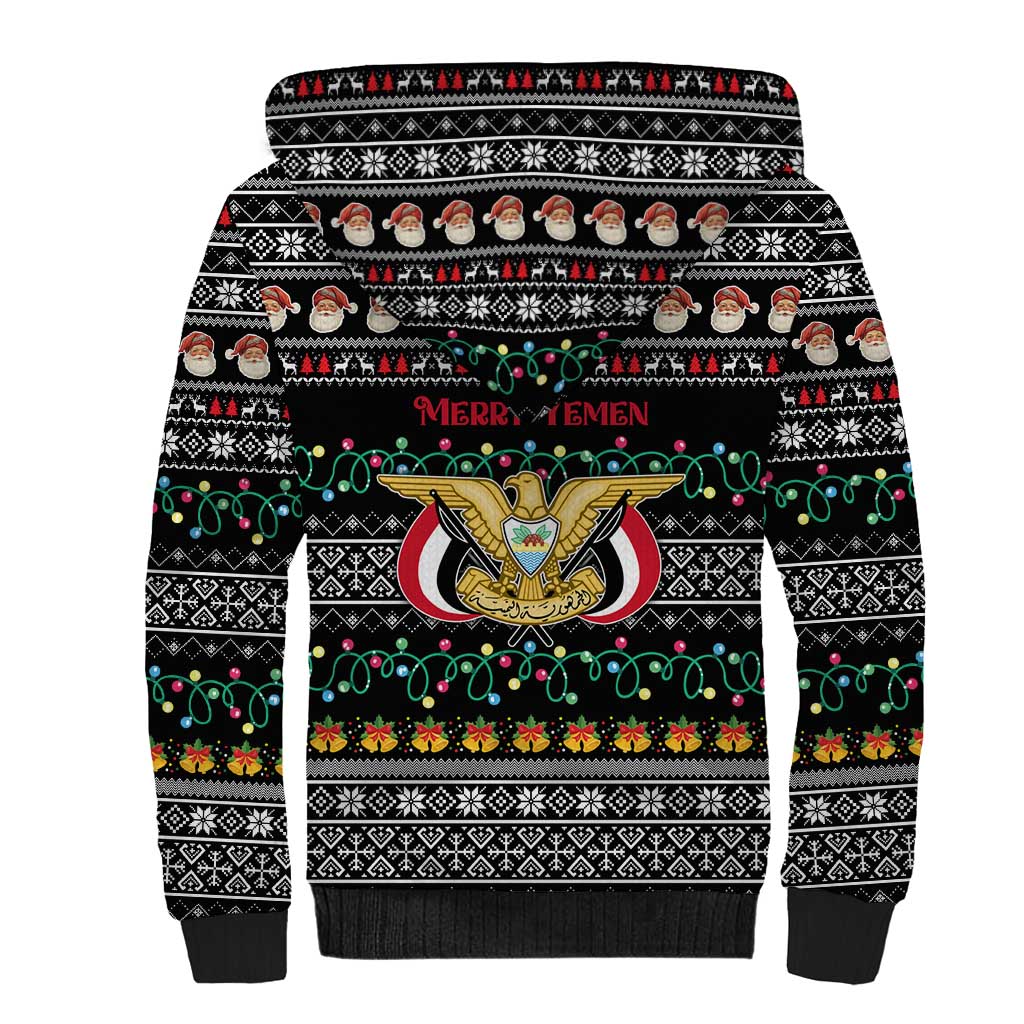 Yemen Christmas Sherpa Hoodie with Traditional Santa Black Snowflake Pattern and Festive Lights - Wonder Print Shop