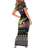 Yemen Christmas Short Sleeve Bodycon Dress with Traditional Santa Black Snowflake Pattern and Festive Lights - Wonder Print Shop