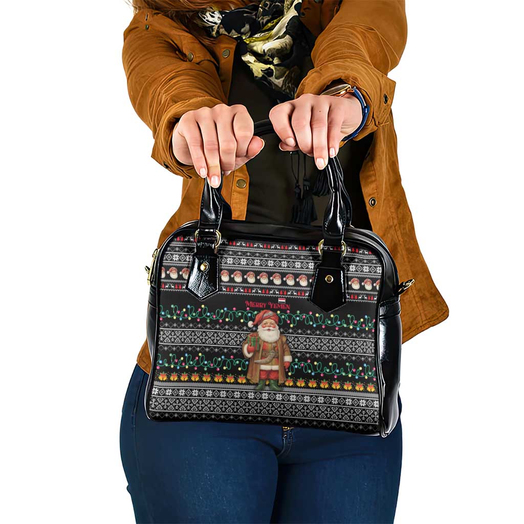 Yemen Christmas Shoulder Handbag with Traditional Santa Black Snowflake Pattern and Festive Lights - Wonder Print Shop