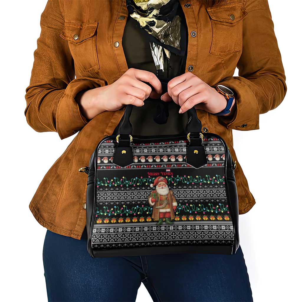 Yemen Christmas Shoulder Handbag with Traditional Santa Black Snowflake Pattern and Festive Lights - Wonder Print Shop