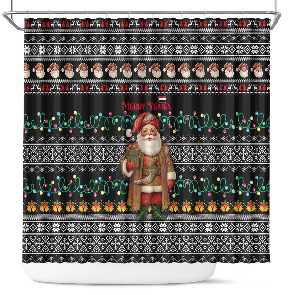Yemen Christmas Shower Curtain with Traditional Santa Black Snowflake Pattern and Festive Lights - Wonder Print Shop