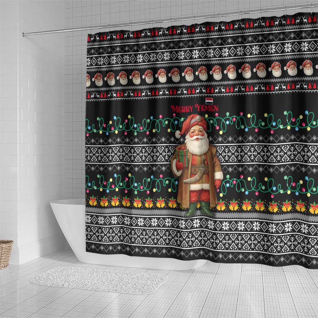 Yemen Christmas Shower Curtain with Traditional Santa Black Snowflake Pattern and Festive Lights - Wonder Print Shop