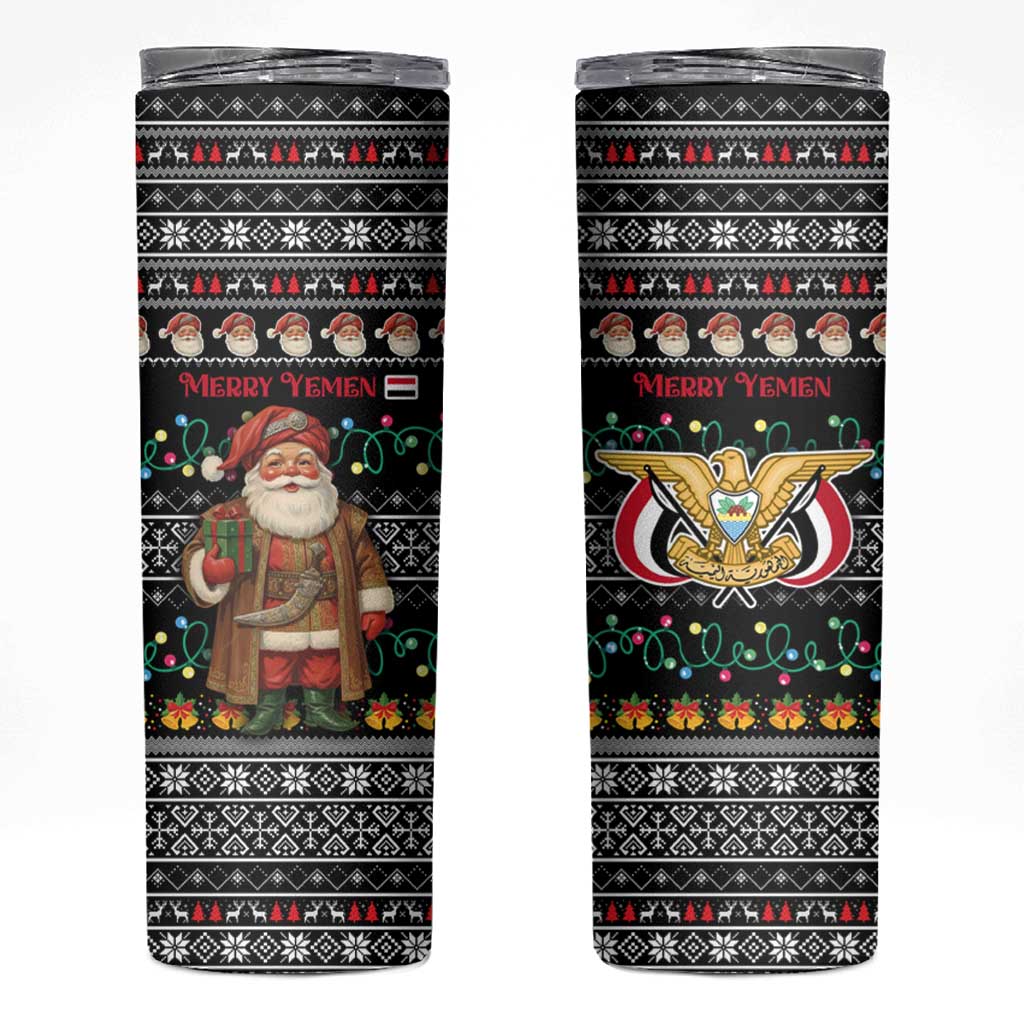 Yemen Christmas Skinny Tumbler with Traditional Santa Black Snowflake Pattern and Festive Lights - Wonder Print Shop