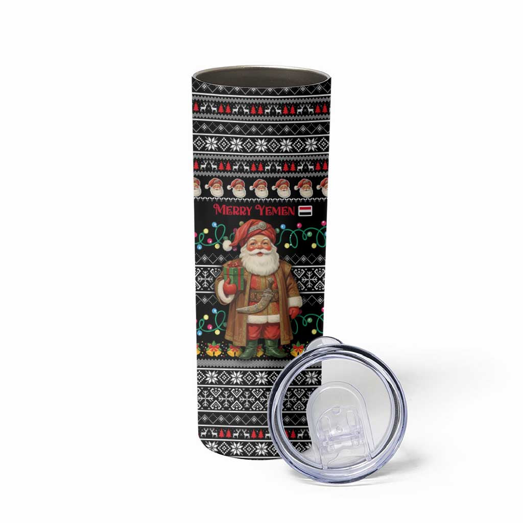 Yemen Christmas Skinny Tumbler with Traditional Santa Black Snowflake Pattern and Festive Lights - Wonder Print Shop