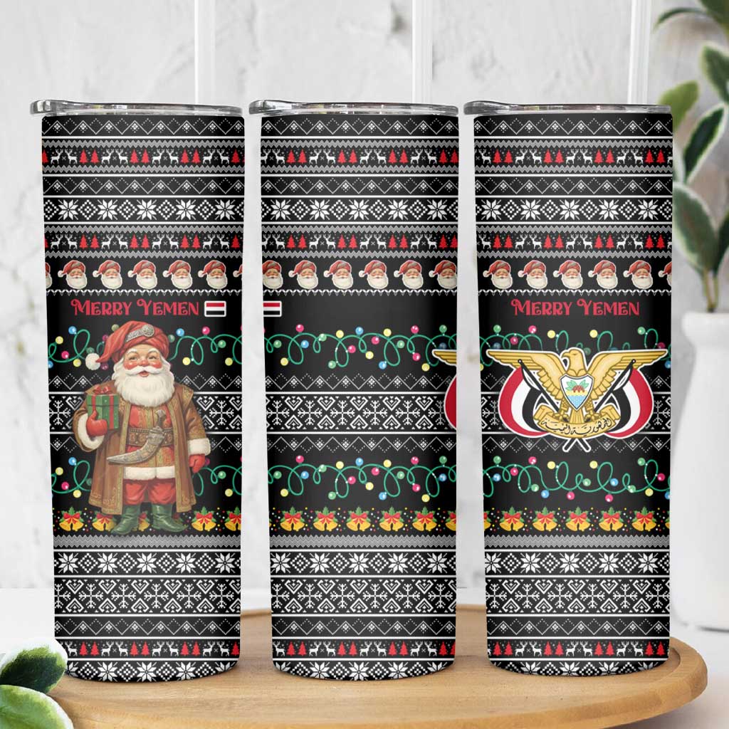 Yemen Christmas Skinny Tumbler with Traditional Santa Black Snowflake Pattern and Festive Lights - Wonder Print Shop
