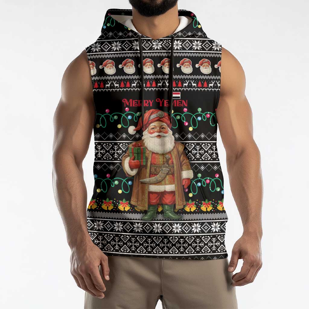 Yemen Christmas Sleeveless Hoodie with Traditional Santa Black Snowflake Pattern and Festive Lights - Wonder Print Shop