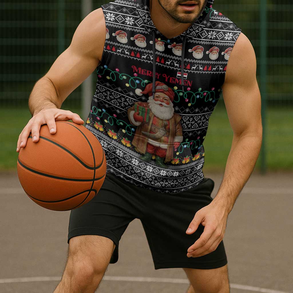 Yemen Christmas Sleeveless Hoodie with Traditional Santa Black Snowflake Pattern and Festive Lights - Wonder Print Shop