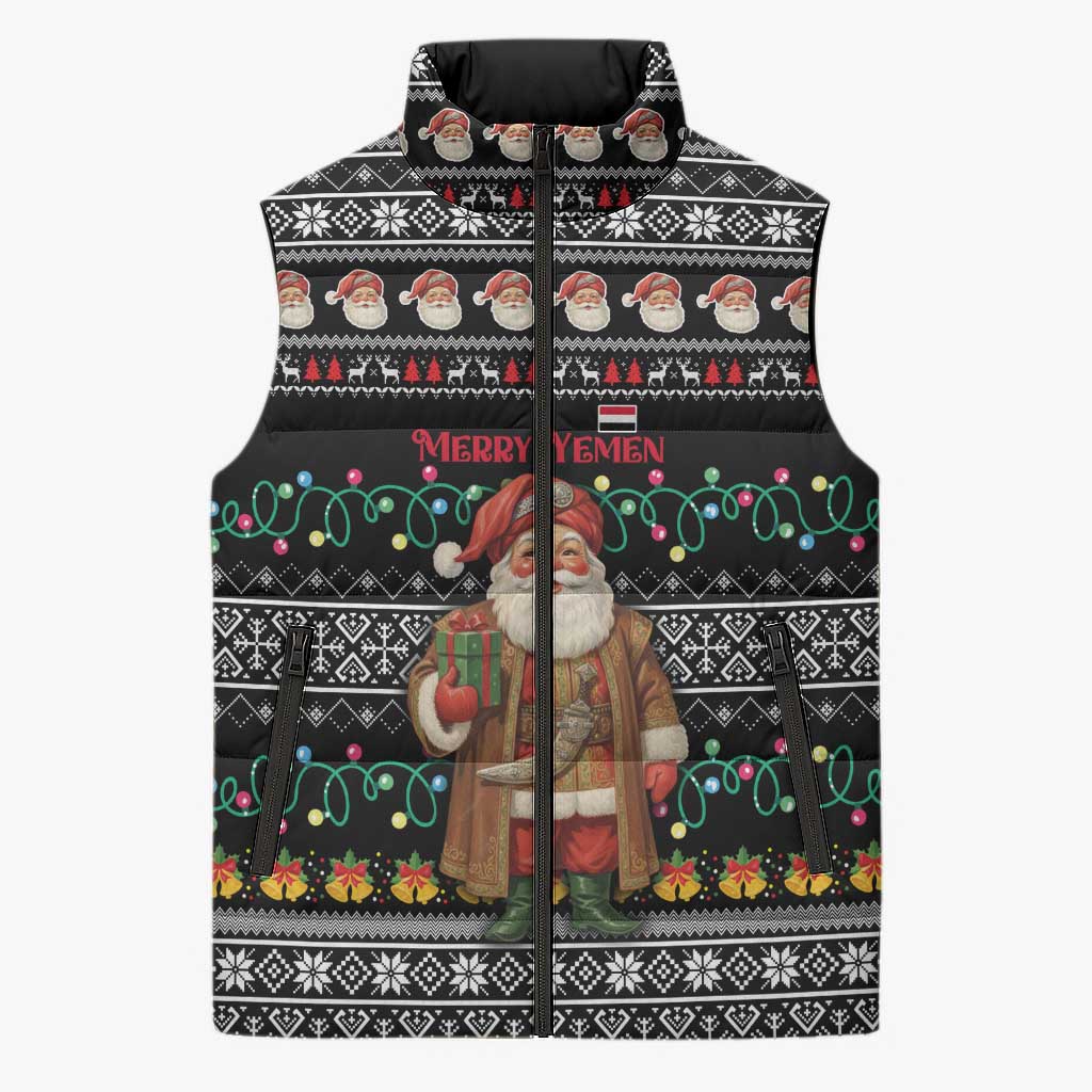 Yemen Christmas Sleeveless Puffer Jacket with Traditional Santa Black Snowflake Pattern and Festive Lights - Wonder Print Shop