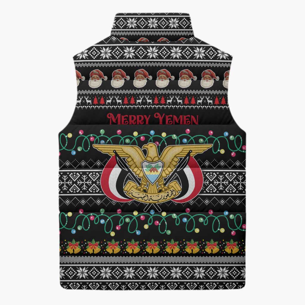 Yemen Christmas Sleeveless Puffer Jacket with Traditional Santa Black Snowflake Pattern and Festive Lights - Wonder Print Shop