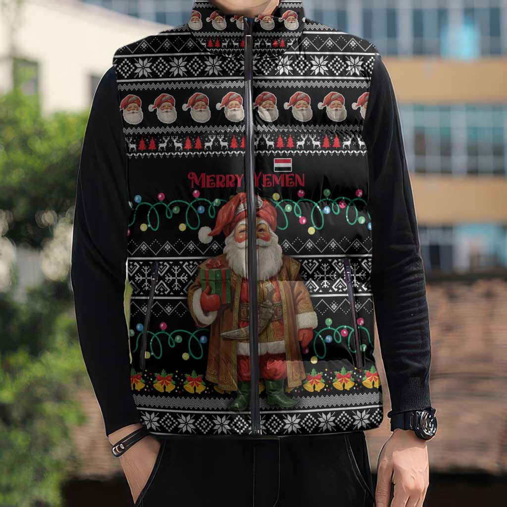 Yemen Christmas Sleeveless Puffer Jacket with Traditional Santa Black Snowflake Pattern and Festive Lights - Wonder Print Shop