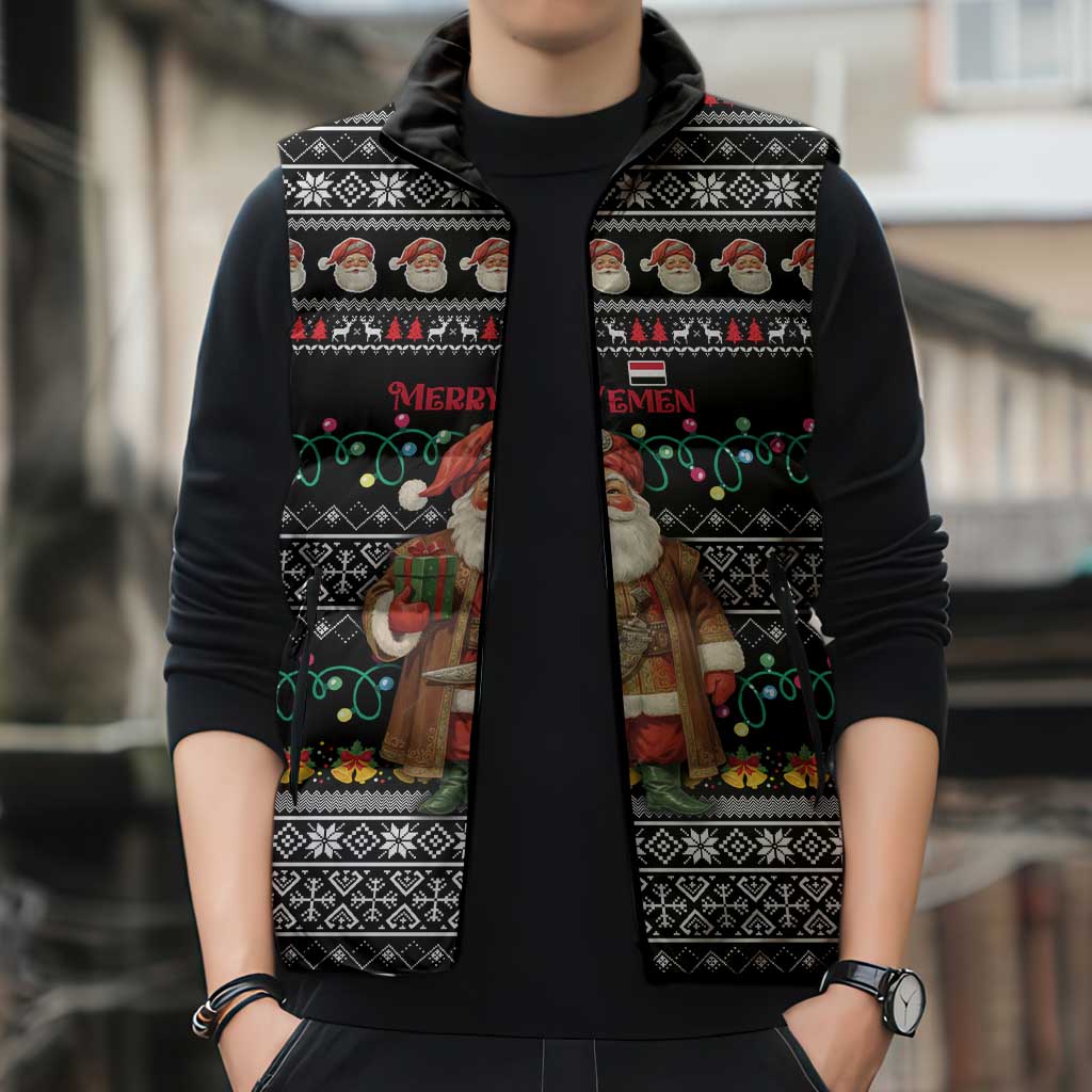 Yemen Christmas Sleeveless Puffer Jacket with Traditional Santa Black Snowflake Pattern and Festive Lights - Wonder Print Shop