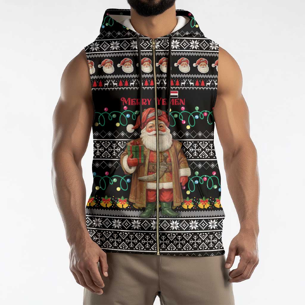 Yemen Christmas Sleeveless Zip Hoodie with Traditional Santa Black Snowflake Pattern and Festive Lights - Wonder Print Shop