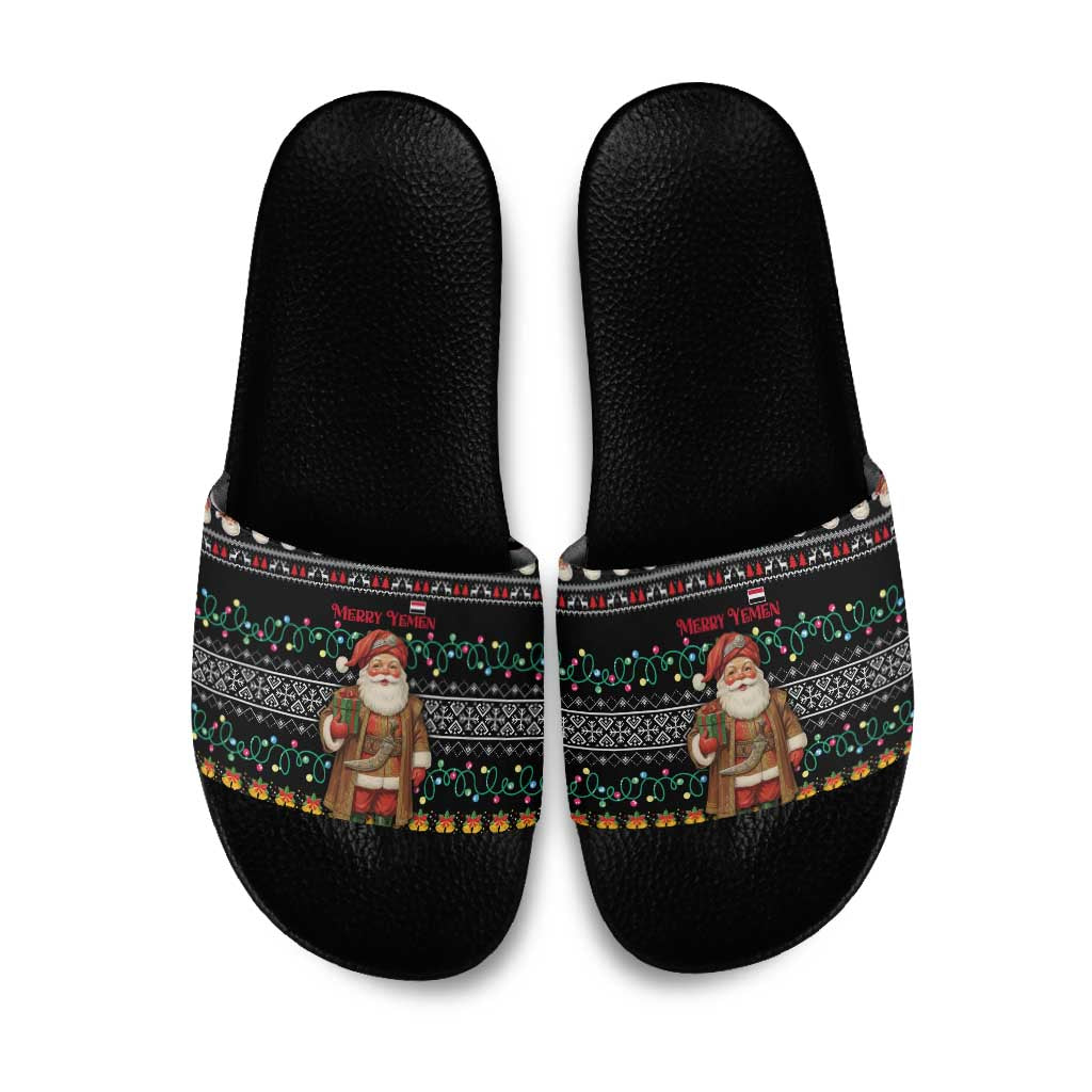 Yemen Christmas Slide Sandals with Traditional Santa Black Snowflake Pattern and Festive Lights - Wonder Print Shop