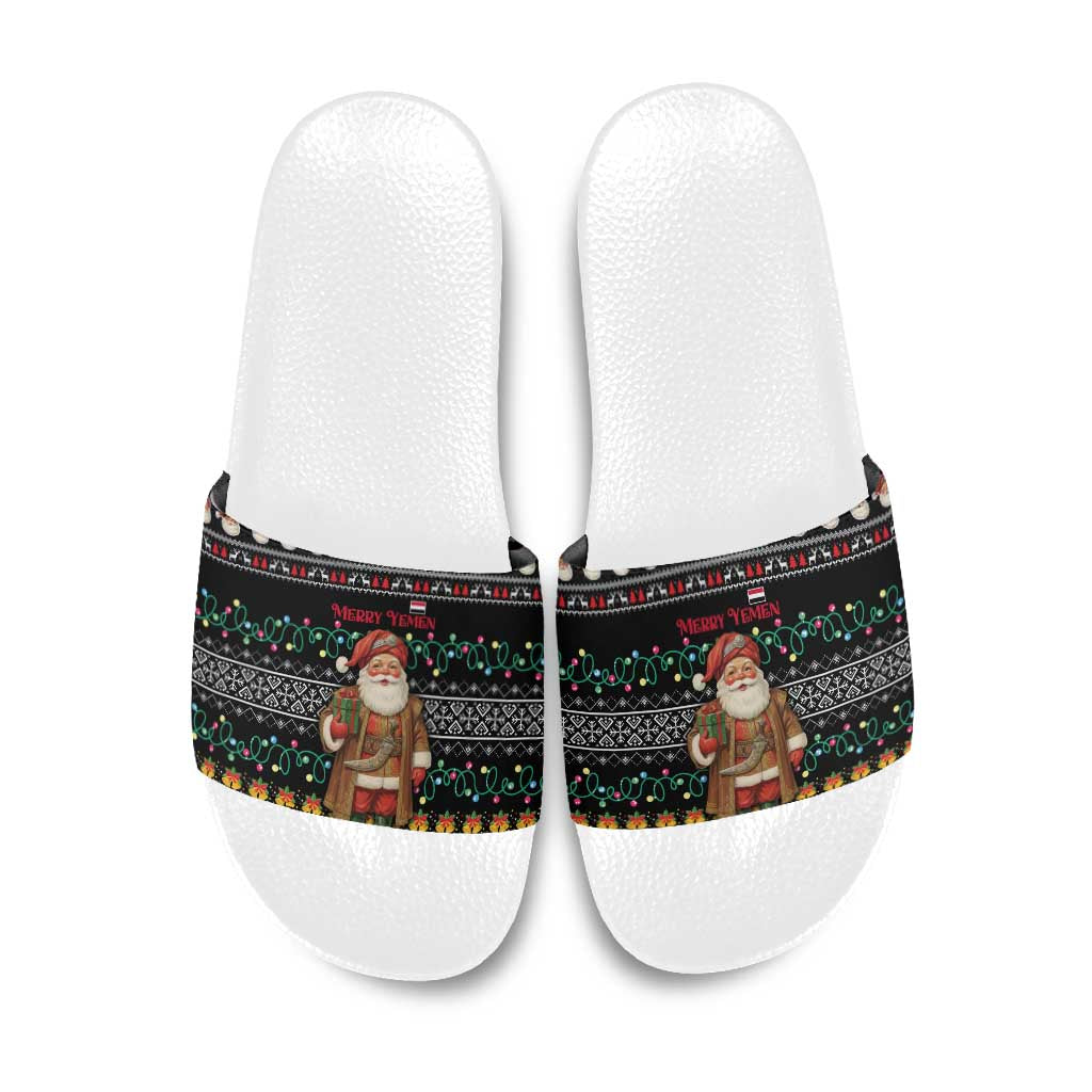 Yemen Christmas Slide Sandals with Traditional Santa Black Snowflake Pattern and Festive Lights - Wonder Print Shop