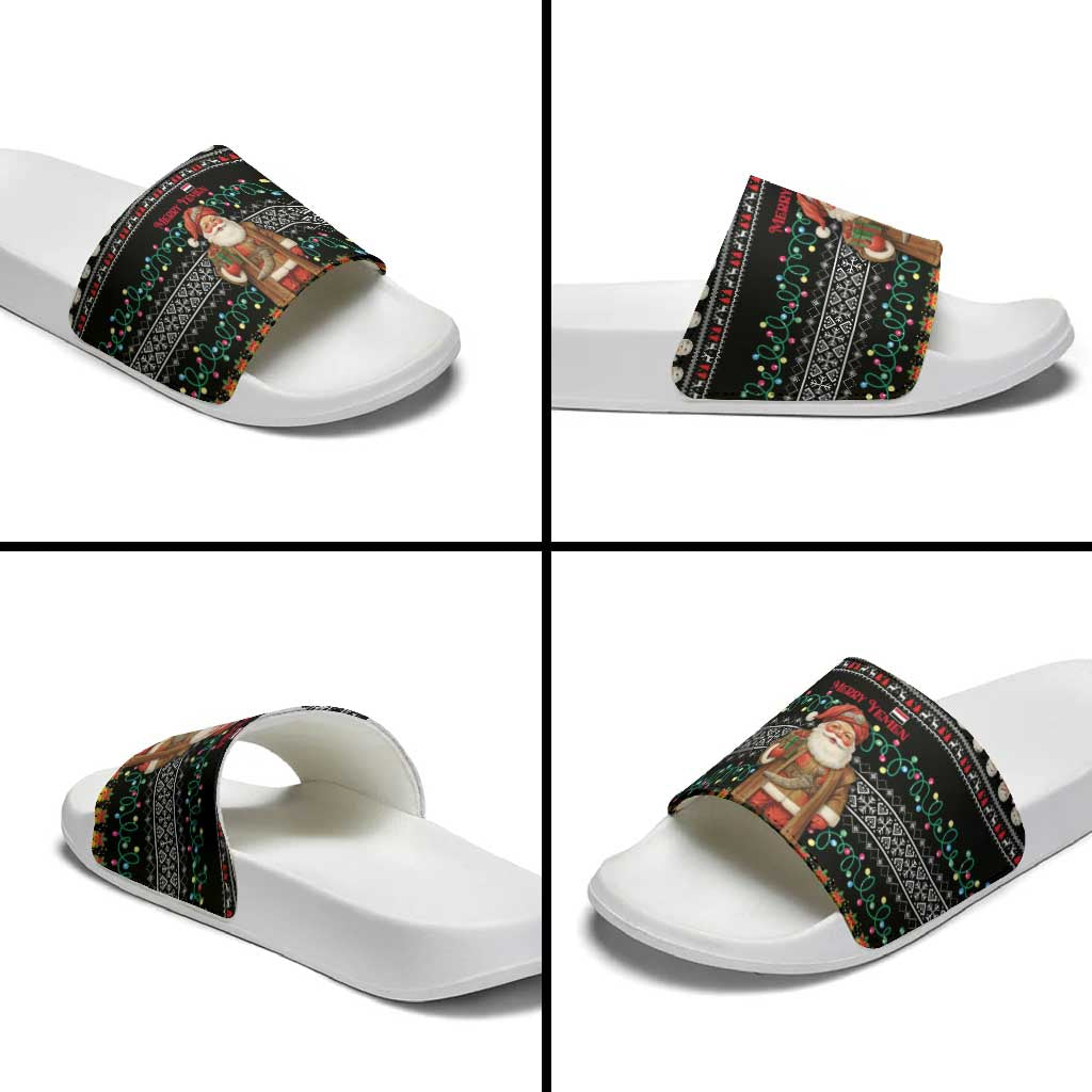 Yemen Christmas Slide Sandals with Traditional Santa Black Snowflake Pattern and Festive Lights - Wonder Print Shop