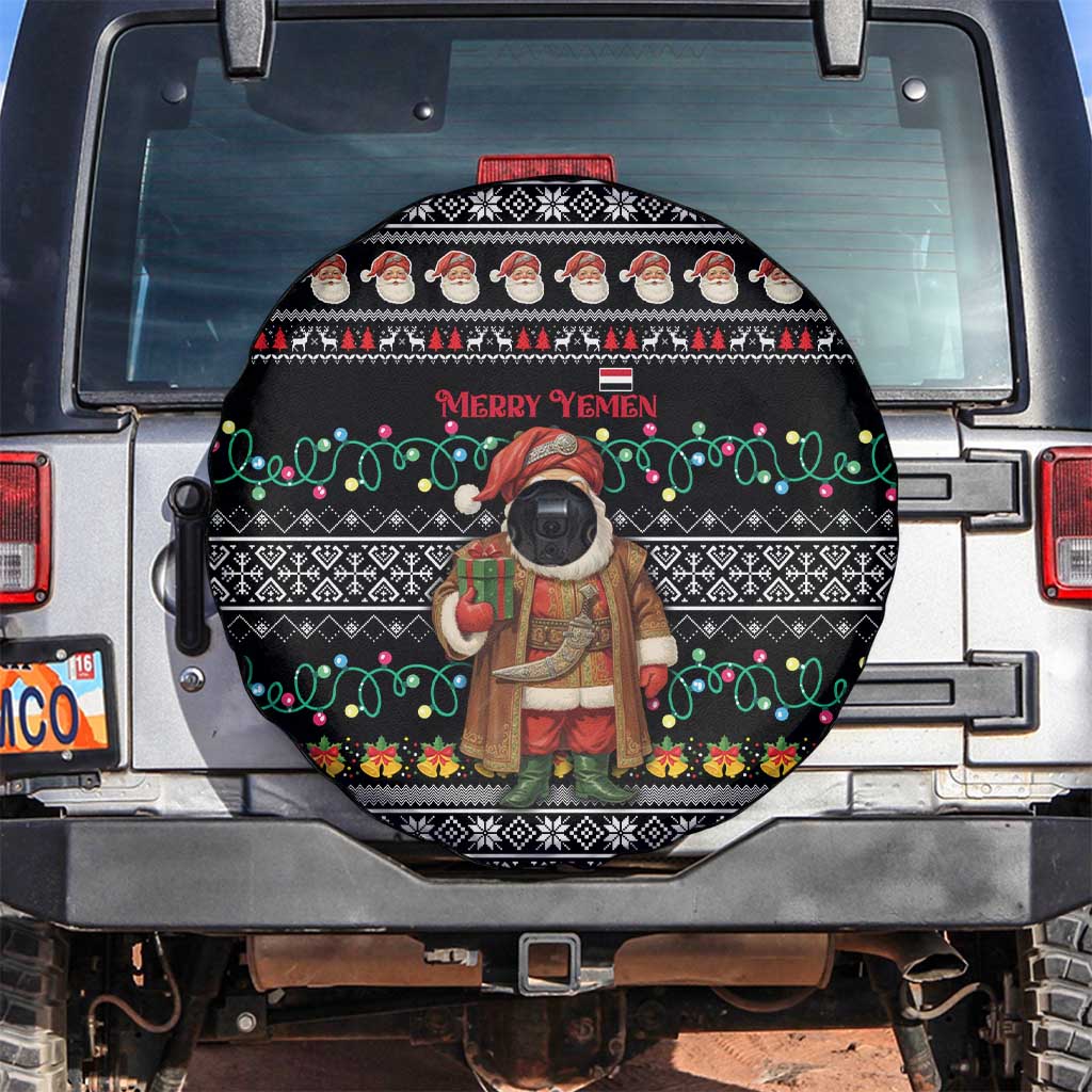 Yemen Christmas Spare Tire Cover with Traditional Santa Black Snowflake Pattern and Festive Lights - Wonder Print Shop