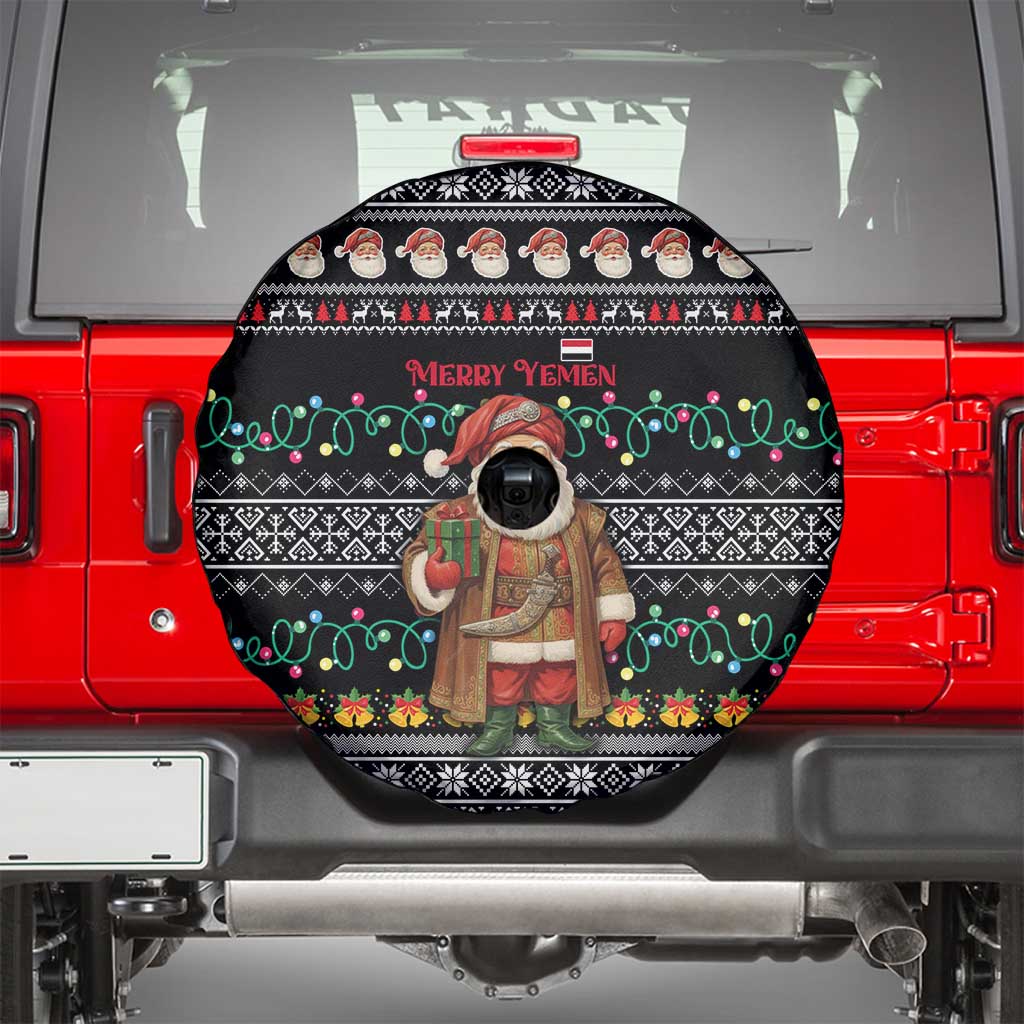 Yemen Christmas Spare Tire Cover with Traditional Santa Black Snowflake Pattern and Festive Lights - Wonder Print Shop