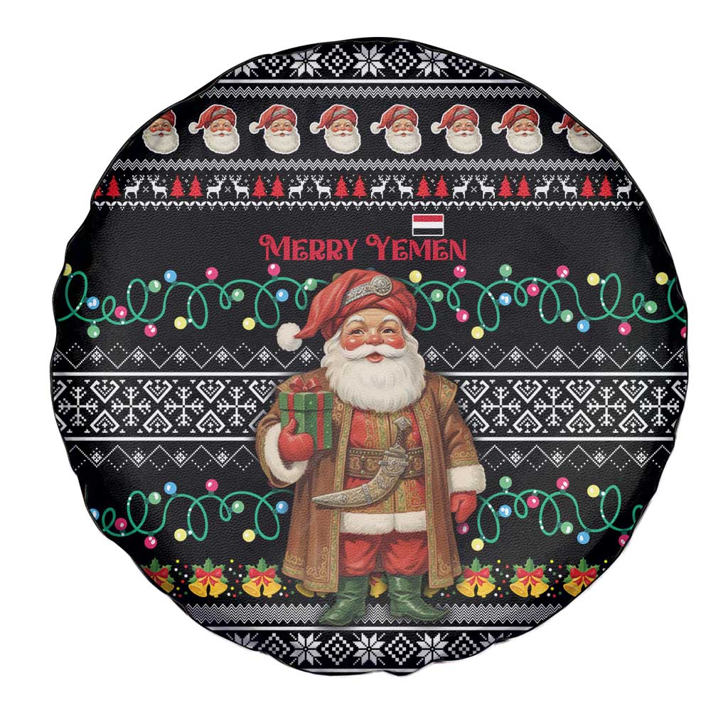 Yemen Christmas Spare Tire Cover with Traditional Santa Black Snowflake Pattern and Festive Lights - Wonder Print Shop