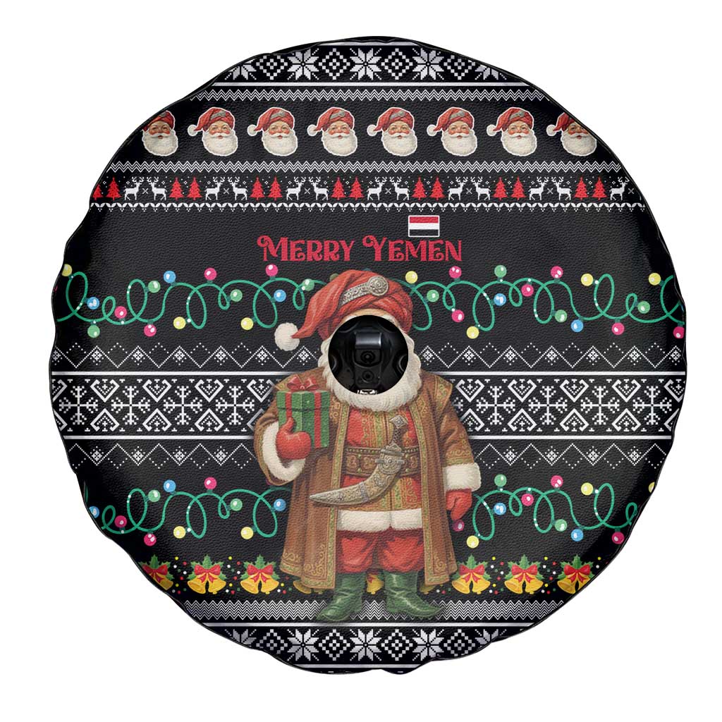 Yemen Christmas Spare Tire Cover with Traditional Santa Black Snowflake Pattern and Festive Lights - Wonder Print Shop