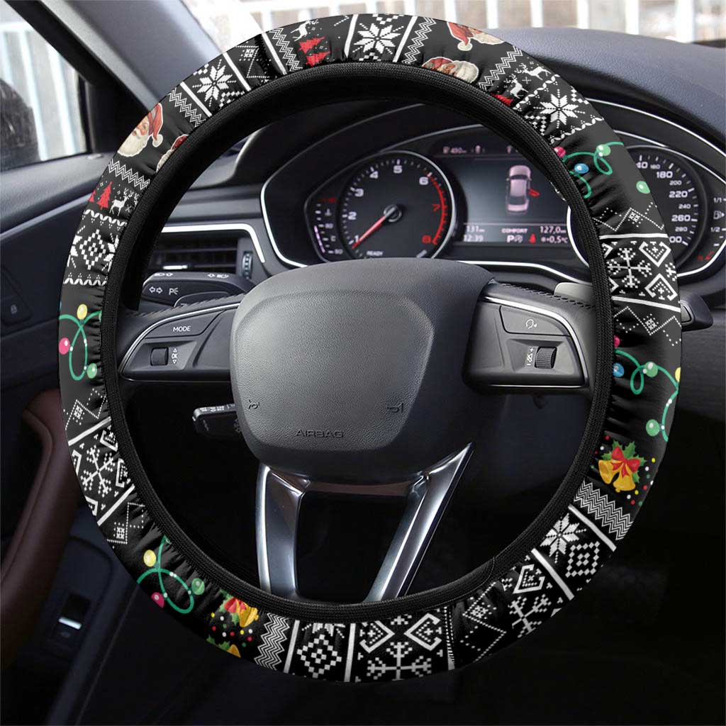 Yemen Christmas Steering Wheel Cover with Traditional Santa Black Snowflake Pattern and Festive Lights - Wonder Print Shop