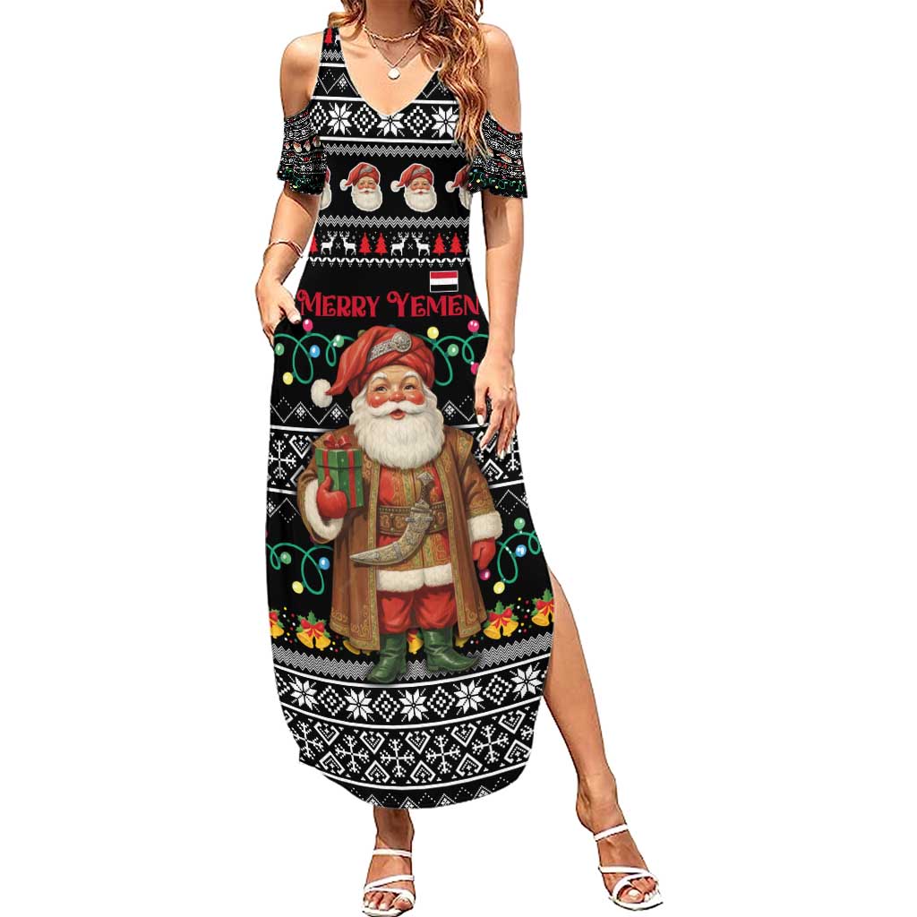 Yemen Christmas Summer Maxi Dress with Traditional Santa Black Snowflake Pattern and Festive Lights - Wonder Print Shop
