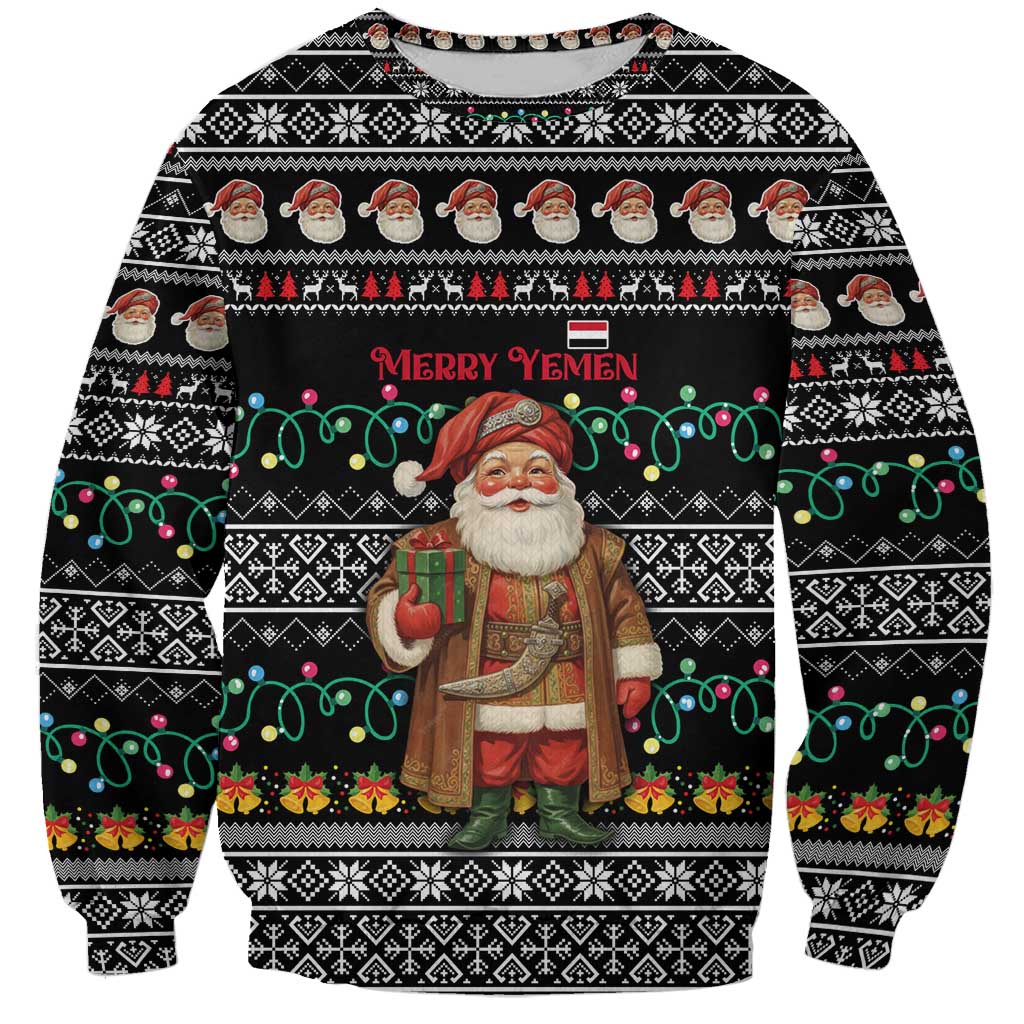 Yemen Christmas Sweatshirt with Traditional Santa Black Snowflake Pattern and Festive Lights - Wonder Print Shop