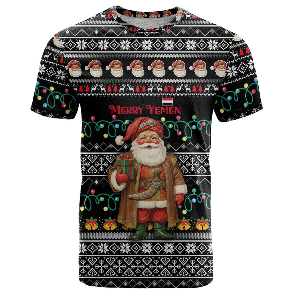 Yemen Christmas T Shirt with Traditional Santa Black Snowflake Pattern and Festive Lights - Wonder Print Shop
