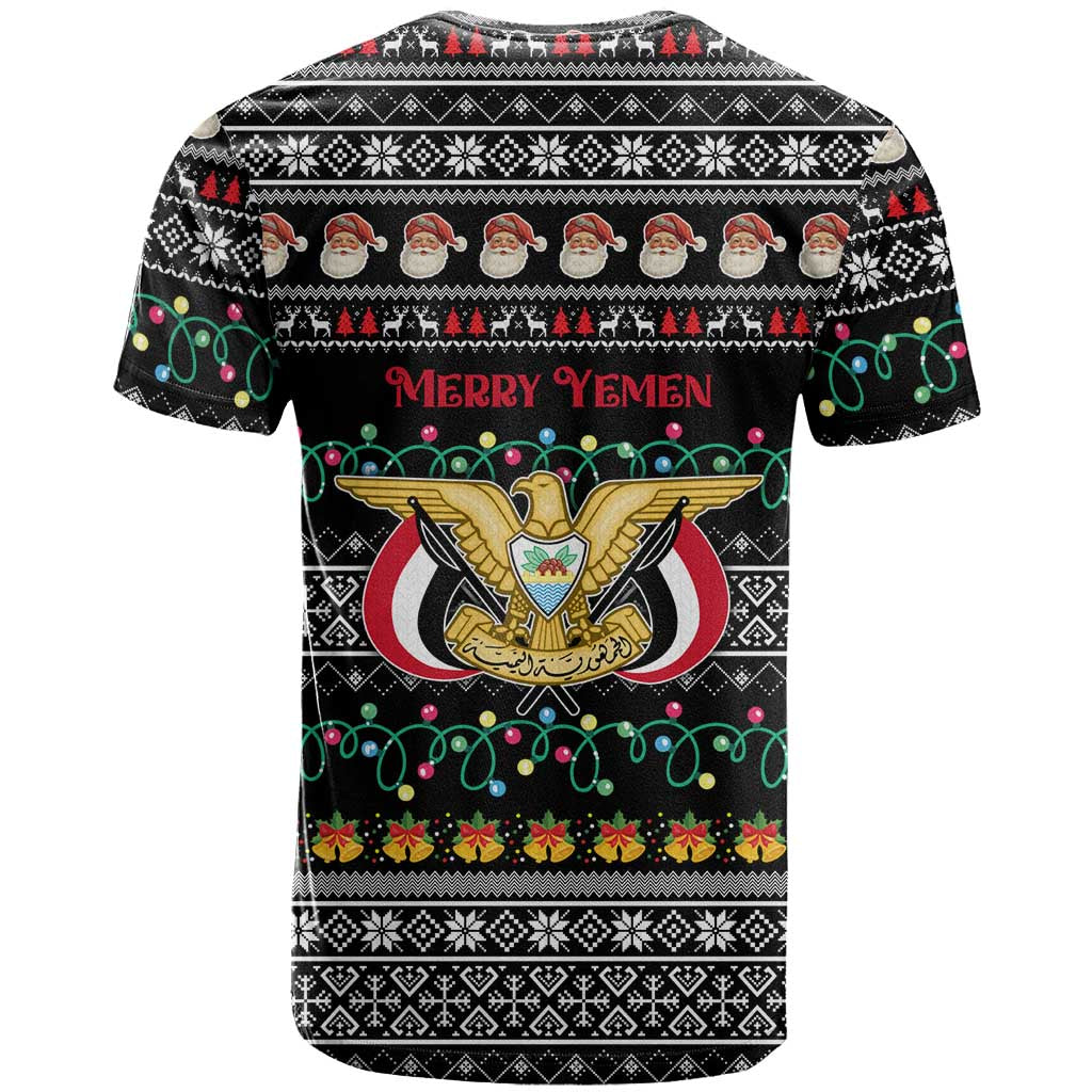 Yemen Christmas T Shirt with Traditional Santa Black Snowflake Pattern and Festive Lights - Wonder Print Shop