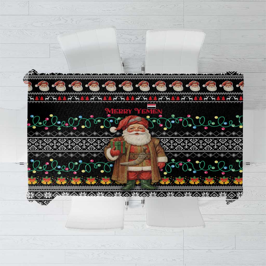 Yemen Christmas Tablecloth with Traditional Santa Black Snowflake Pattern and Festive Lights - Wonder Print Shop