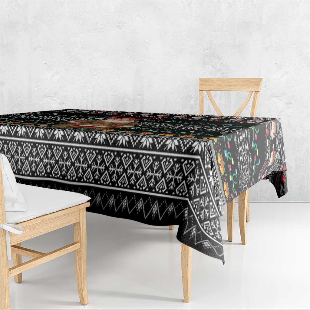 Yemen Christmas Tablecloth with Traditional Santa Black Snowflake Pattern and Festive Lights - Wonder Print Shop