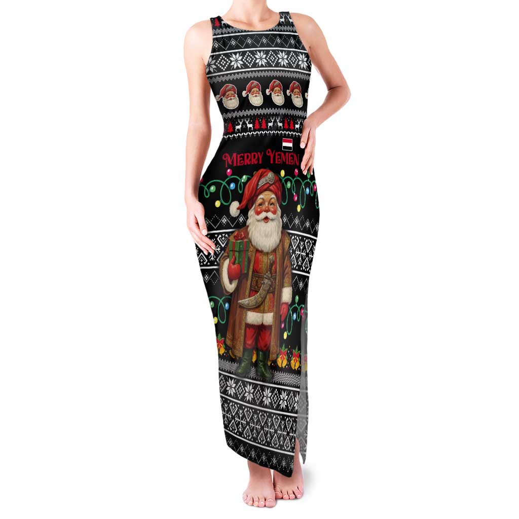 Yemen Christmas Tank Maxi Dress with Traditional Santa Black Snowflake Pattern and Festive Lights - Wonder Print Shop