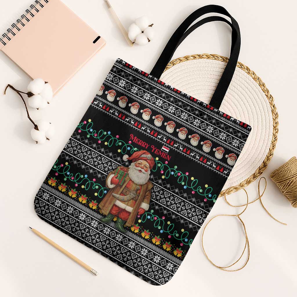 Yemen Christmas Tote Bag with Traditional Santa Black Snowflake Pattern and Festive Lights - Wonder Print Shop