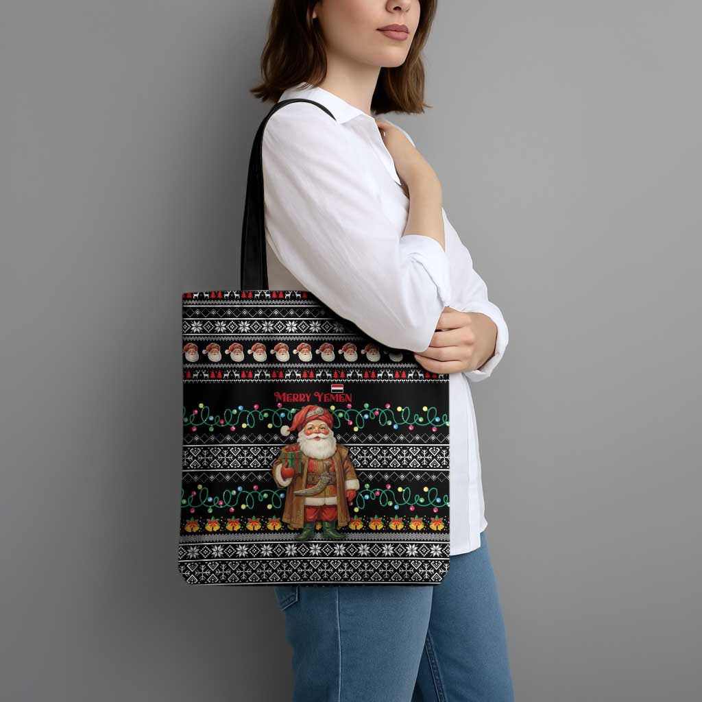 Yemen Christmas Tote Bag with Traditional Santa Black Snowflake Pattern and Festive Lights - Wonder Print Shop