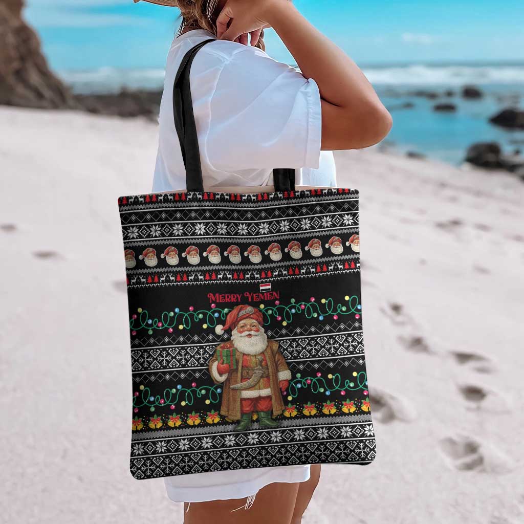 Yemen Christmas Tote Bag with Traditional Santa Black Snowflake Pattern and Festive Lights - Wonder Print Shop