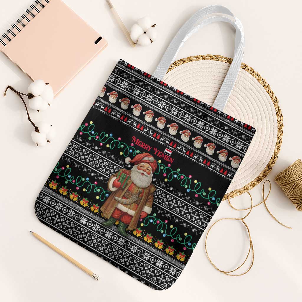 Yemen Christmas Tote Bag with Traditional Santa Black Snowflake Pattern and Festive Lights - Wonder Print Shop