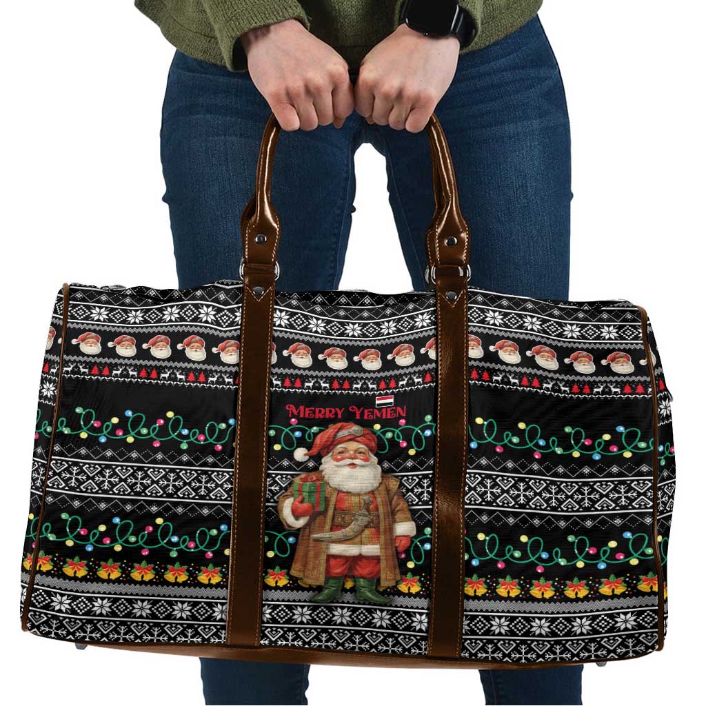 Yemen Christmas Travel Bag with Traditional Santa Black Snowflake Pattern and Festive Lights - Wonder Print Shop