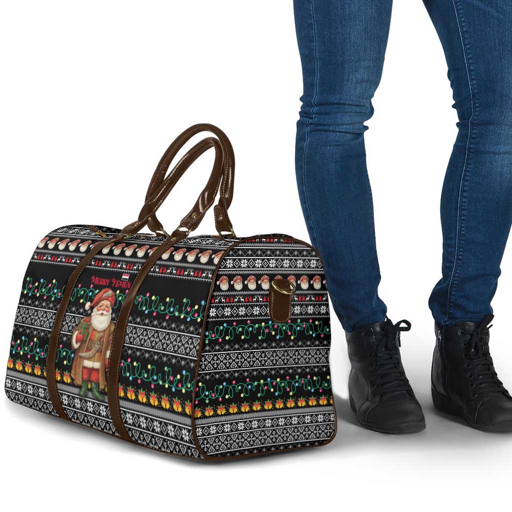 Yemen Christmas Travel Bag with Traditional Santa Black Snowflake Pattern and Festive Lights - Wonder Print Shop
