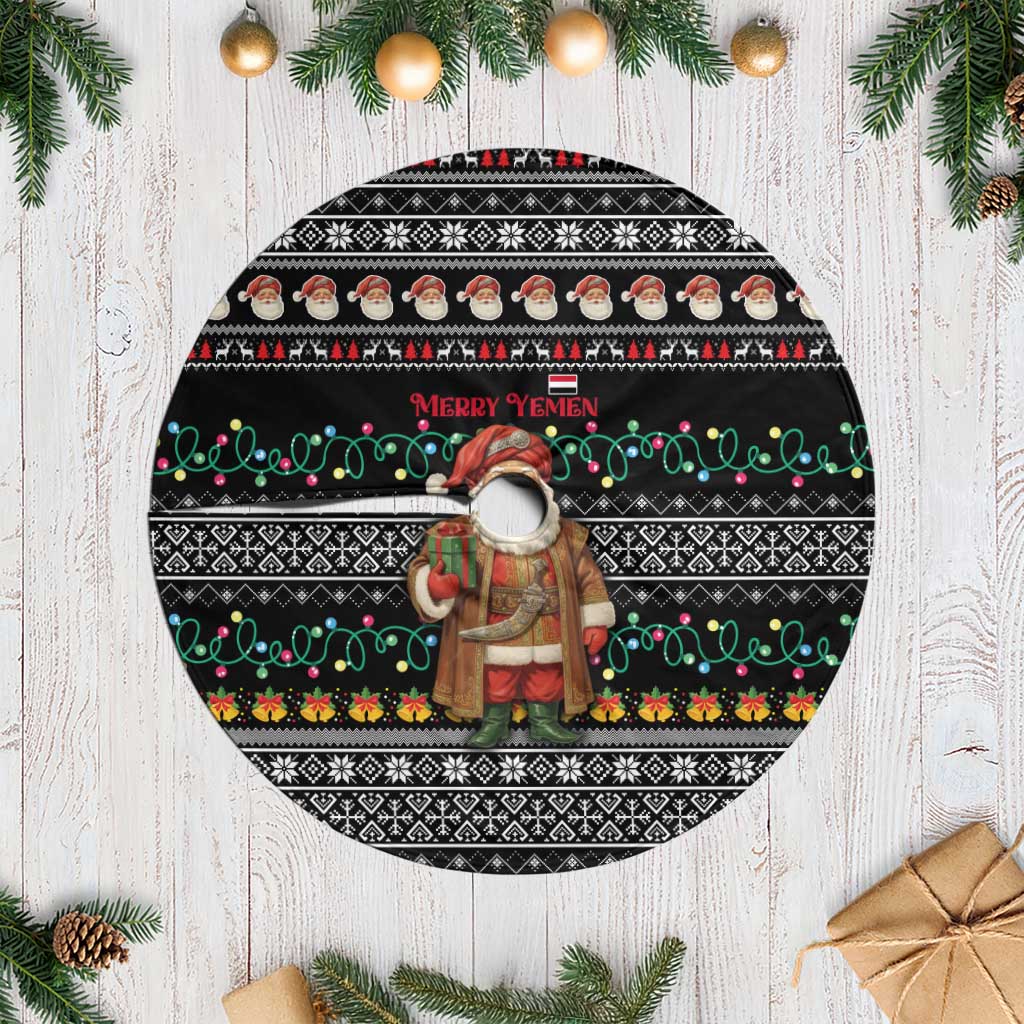 Yemen Christmas Tree Skirt with Traditional Santa Black Snowflake Pattern and Festive Lights - Wonder Print Shop