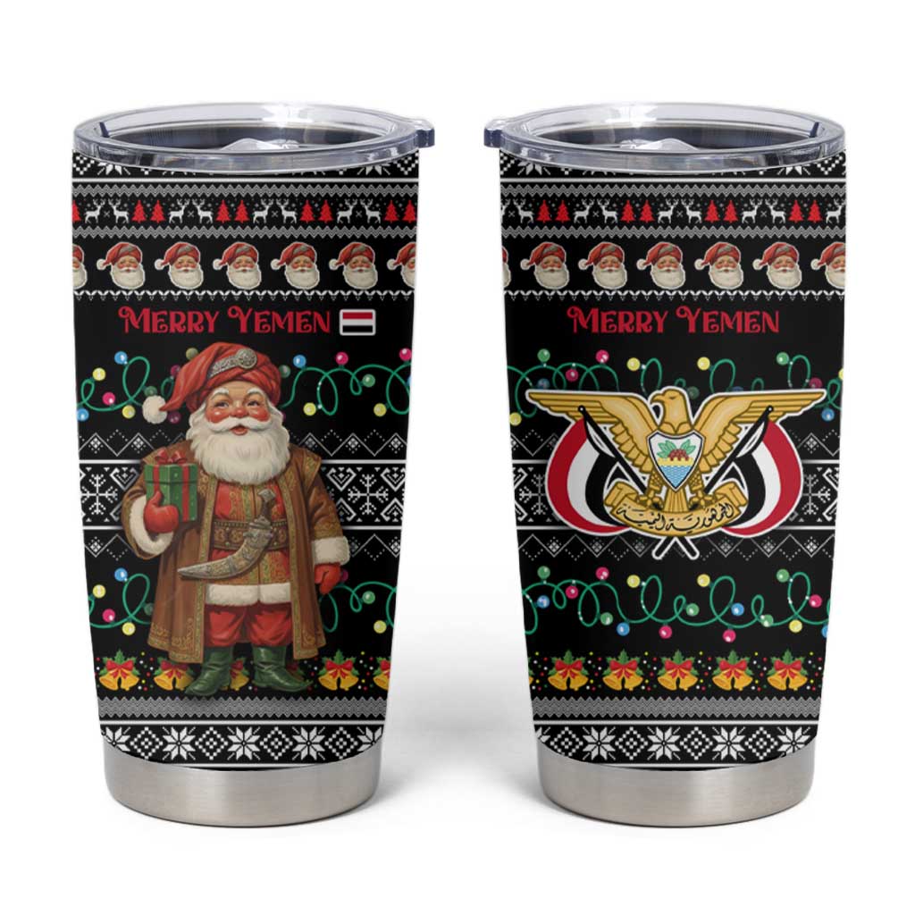 Yemen Christmas Tumbler Cup with Traditional Santa Black Snowflake Pattern and Festive Lights - Wonder Print Shop