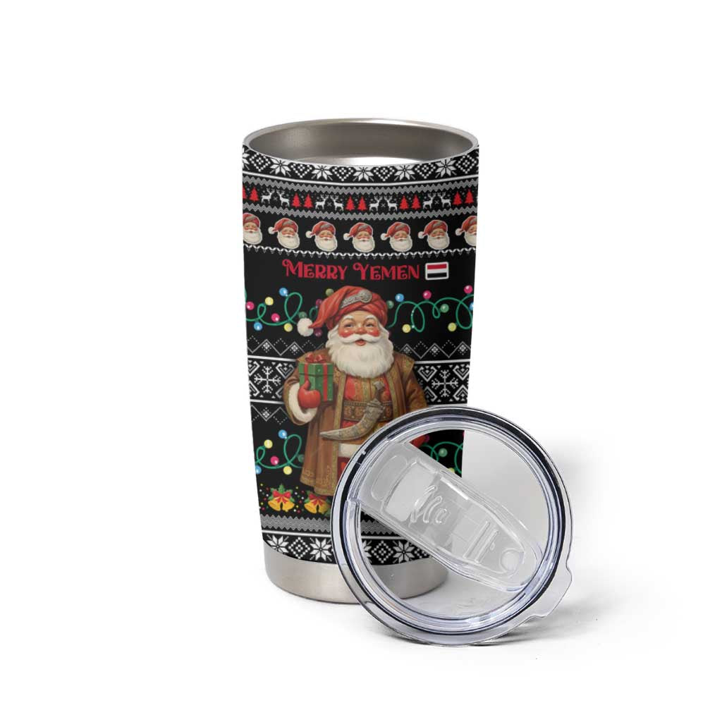 Yemen Christmas Tumbler Cup with Traditional Santa Black Snowflake Pattern and Festive Lights - Wonder Print Shop