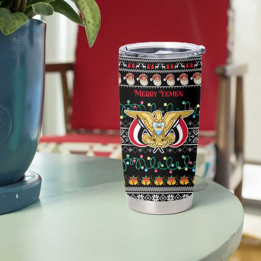 Yemen Christmas Tumbler Cup with Traditional Santa Black Snowflake Pattern and Festive Lights - Wonder Print Shop