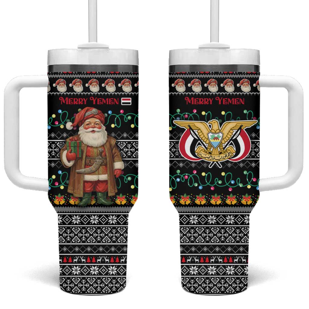 Yemen Christmas Tumbler With Handle with Traditional Santa Black Snowflake Pattern and Festive Lights - Wonder Print Shop
