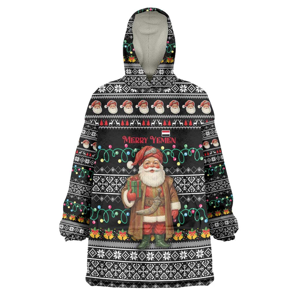 Yemen Christmas Wearable Blanket Hoodie with Traditional Santa Black Snowflake Pattern and Festive Lights - Wonder Print Shop