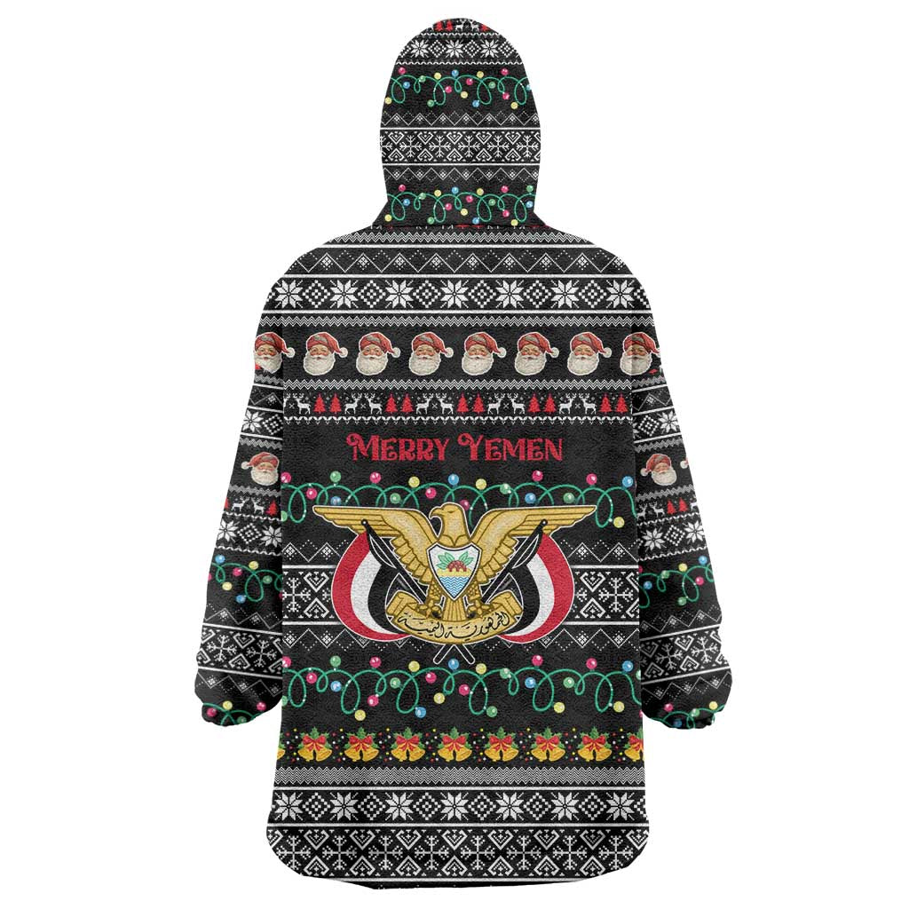 Yemen Christmas Wearable Blanket Hoodie with Traditional Santa Black Snowflake Pattern and Festive Lights - Wonder Print Shop